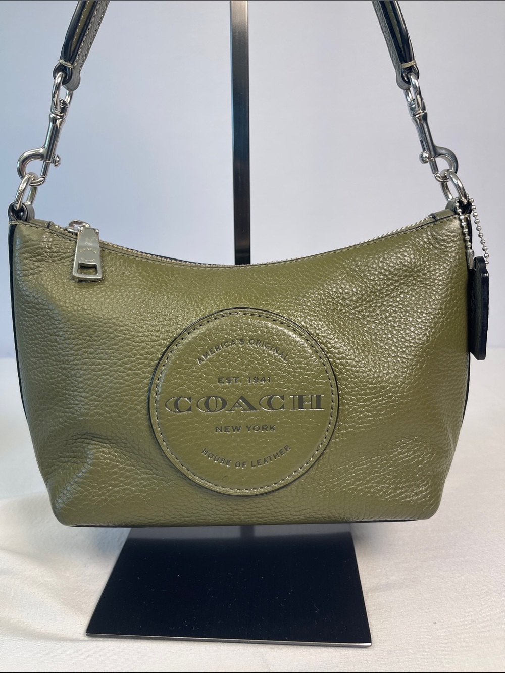 Coach Dempsey C2829 Olive Pebbled Leather Shoulder Bag With Patch